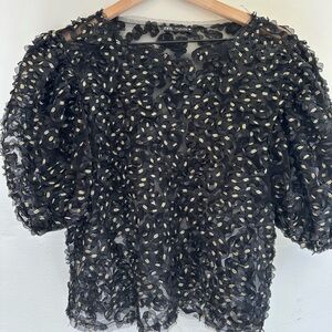 Zara Black Sheer Puff-Sleeve Top with Gold Dot Details